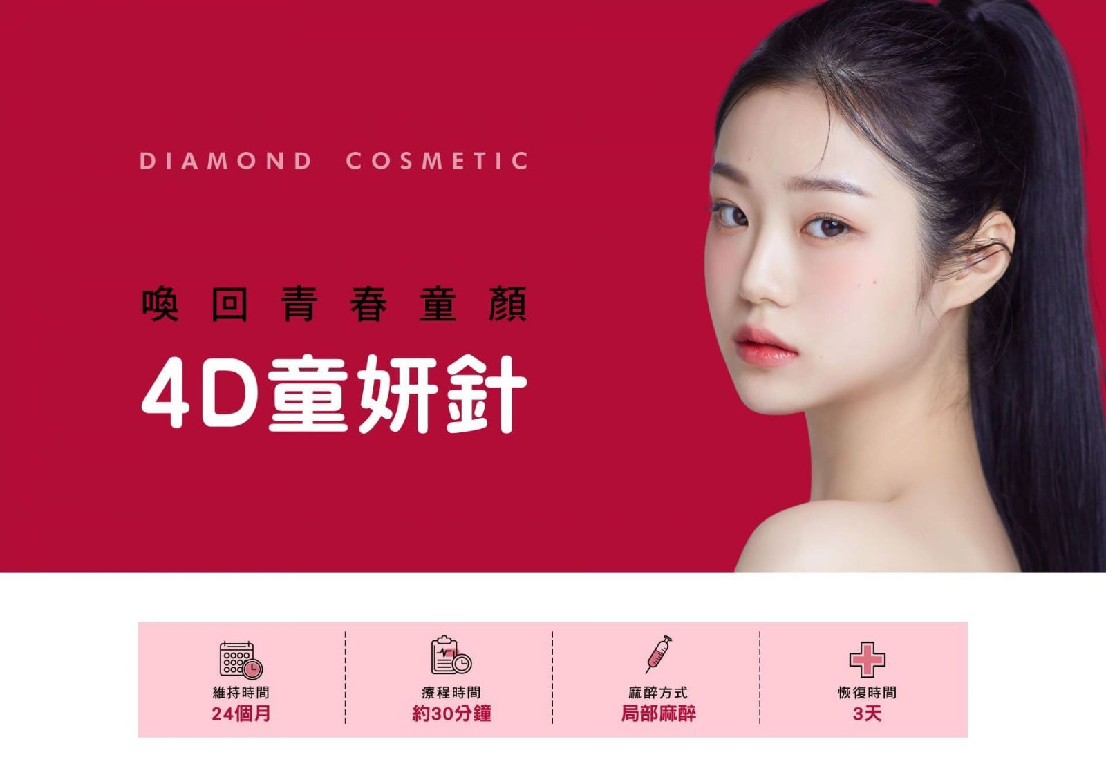 Sculptra4D童妍針 - 喚回青春童顏 維持時間:24個月 療程時間:約30分鐘 麻醉方式:局部麻醉 恢復時間:3天