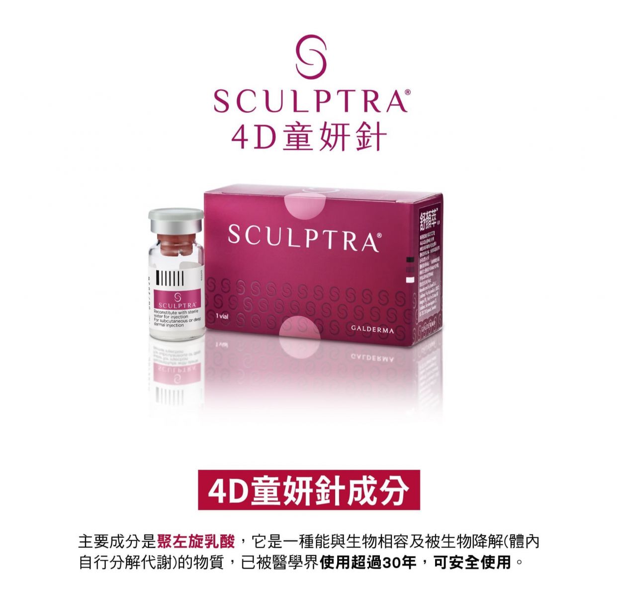 SCULPTRA® 4D童妍針 4D童妍針成分 主要成分是聚左旋乳酸,它是一種能與生物相容及被生物降解(體內自行分解代謝)的物質,已被醫學界使用超過30年,可安全使用。
