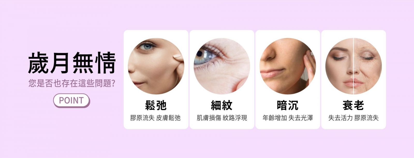 歲月無情 您是否也存在這些問題? 鬆弛 - 膠原流失 皮膚鬆弛 細紋 - 肌膚損傷 紋路浮現 暗沉 - 年齡增加 失去光澤 衰老 - 失去活力 膠原流失